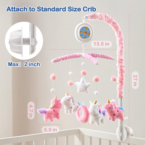 Pink & White Unicorn Baby Crib Mobile with Music Box - 100+ Lullabies & Starry Sky Projection