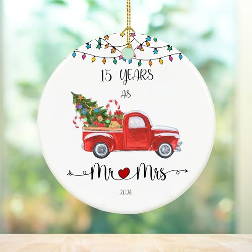 15 Year Anniversary Ornament 2026 – Mr & Mrs Gift, 2.9" Ceramic Keepsake (Double-Sided) – Chiranrise
