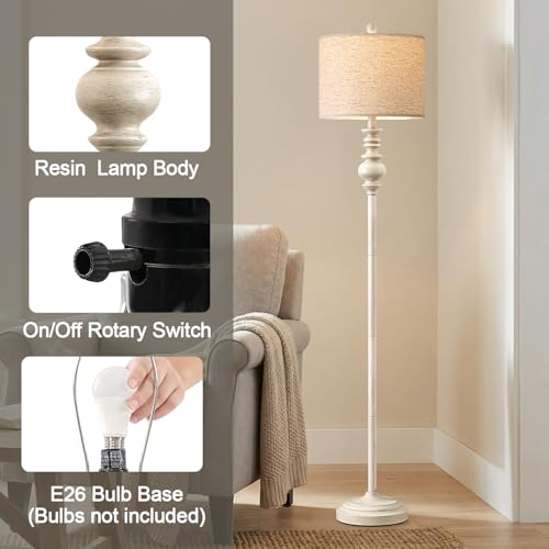 Farmhouse Floor Lamp 64.25-Inch Tall Antique White Standing Light for Living Room & Bedroom - Rustic Corner Lamp with Rotary Switch