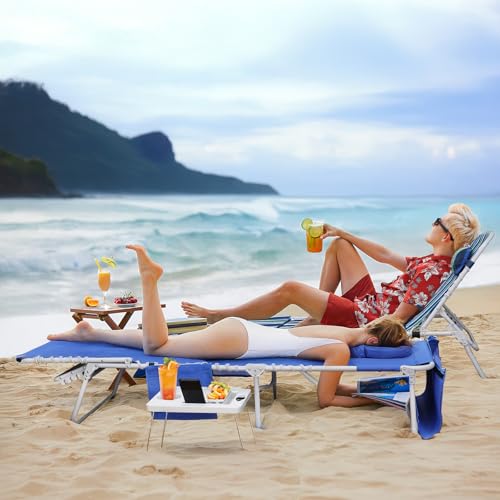 Yestomo 3-in-1 Outdoor Beach Lounge Chair with Face Holes & Side Table, Recliner, Flat Lay, Blue