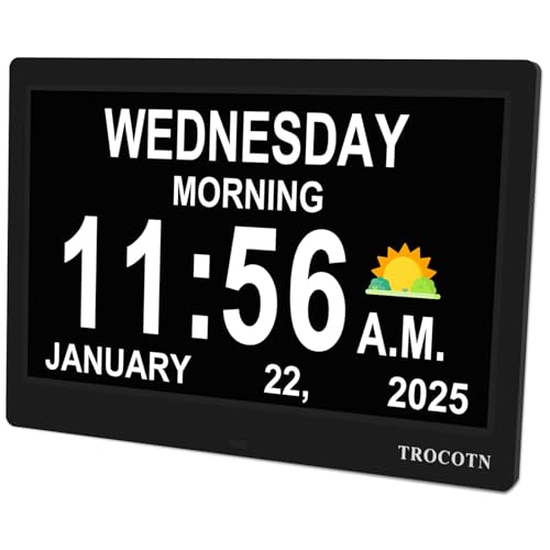 10 Inch Digital Calendar Alarm Clock for Seniors - Large Display, Auto DST, 5 Modes, Day Date Time