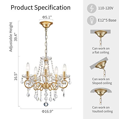 Mini Crystal Chandelier for Living Room & Bedroom - 16.5 Inch Height, Gold Finish, 5 E12 Bulbs, Adjustable Chain