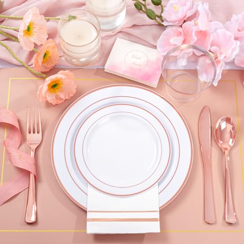 GATHER 50 Guest Rose Gold Disposable Plates & Party Set - White & Rose Gold
