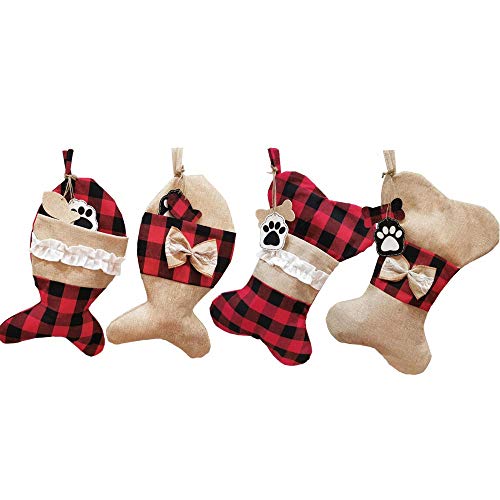 YELAIVP Set of 4 Pet Christmas Stockings Burlap Plaid Holiday Hanging Socks for Dogs Cats