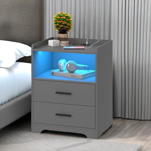 RGB Nightstand with Charging Station - Grey, 3 Layers, Smart Bedside Table