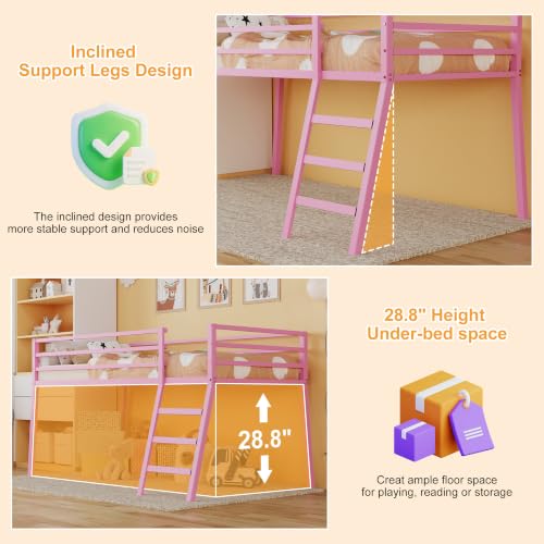 Lutown-Teen 43 Inch Pink Metal Twin XL Loft Bed with Stairs & Guardrail