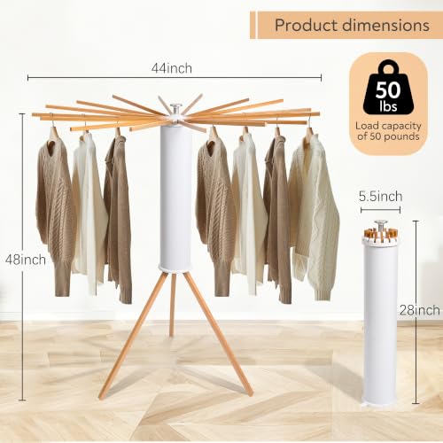 Natural Wood & White Clothes Drying Rack with 16 Arms, Foldable & Heavy-Duty