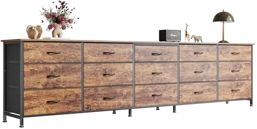 Huuger 86.6-Inch Long Dresser with 15 Drawers - Rustic Brown for Bedroom & Living Room