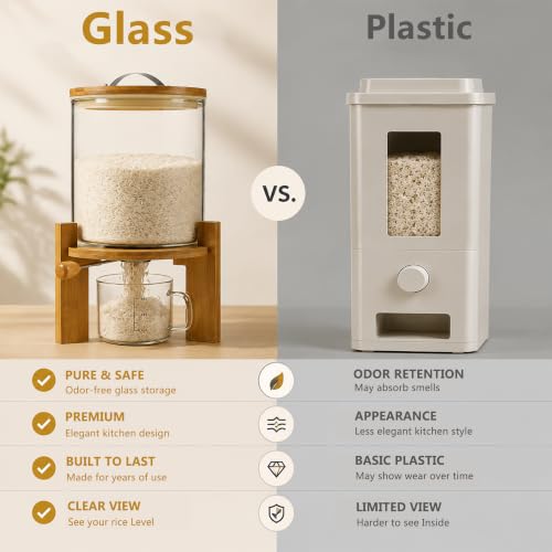 5L Rice Dispenser with Airtight Lid & Wooden Stand - Food Storage Container