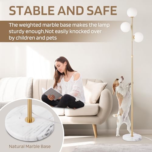 Vallerico 3-Globe Mid Century Floor Lamp - Gold Finish, Adjustable Height, Marble Base