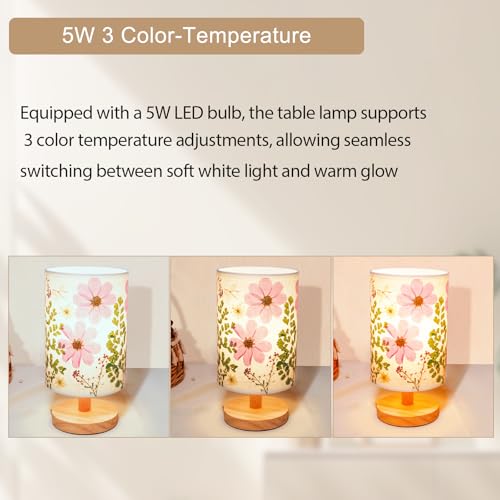 Pressed Flowers Small Table Lamp - 3-Color LED Bedside Lamp with Wooden Base