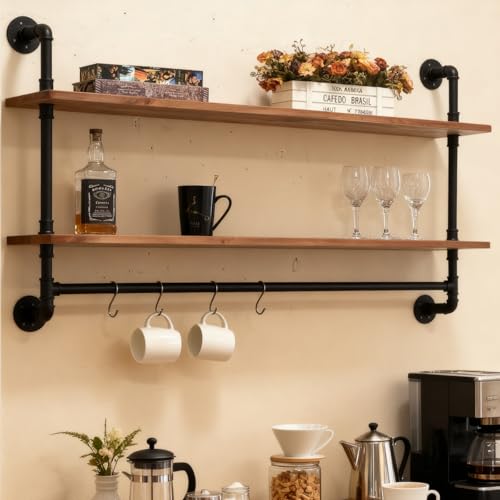 42 Inch 2 Tier Industrial Pipe Shelving Wall Mounted with Plank & Hooks