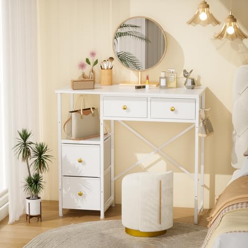 3IngSeagulls Small White Vanity Desk with 4 Fabric Drawers, Reversible Open Shelf, No Mirror