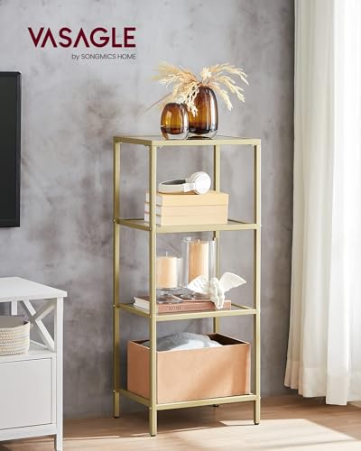 VASAGLE Gold 4-Tier Glass & Steel Bookshelf, Modern Narrow Bookcase