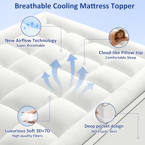 SurChic Queen Mattress Topper - Extra Thick 4 Inch Pillow Top Cooling Bed Pad with Deep Pocket Fit for 8-21 Inch Mattresses - White, Variation: Thick White / Queen