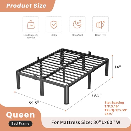 VIPSHOW 14 Inch Queen Heavy Duty Steel Bed Frame - 3500lbs Support, Rounded Corners