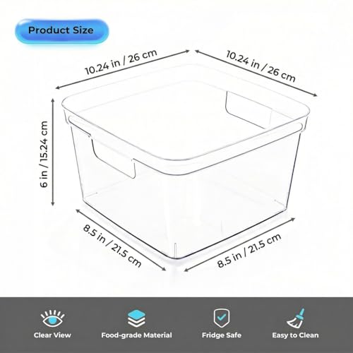 MOONEDGE 4-Pack 10x10x6 Clear Plastic Storage Bins with Handles - Food-Grade, Open Top Organizer