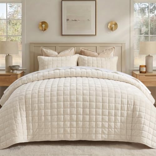 Velvet Quilt Set King Size - Cream White Luxury Bedding with Channel Stitching