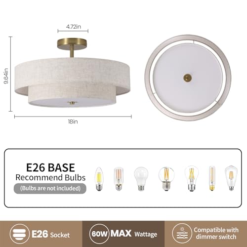 17.71-Inch 2-Tier Gold Semi-Flush Mount Ceiling Light Fixture, 3-Light Double Drum