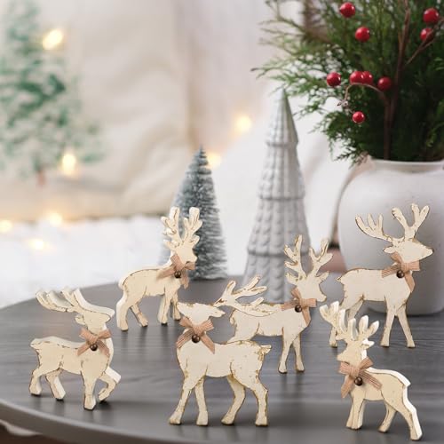 6-Piece Christmas Wooden Reindeer Centerpieces Set with Bowknots – Mantel Tabletop Decor