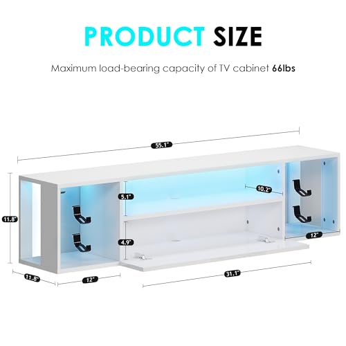 DlandHome 55.1" White Floating TV Stand with LED, Modern Wooden Entertainment Center