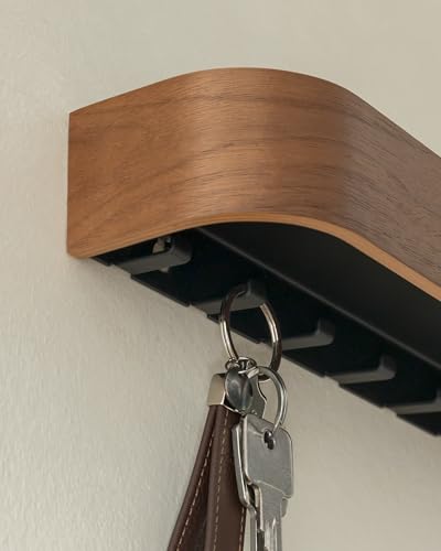 Walnut Key Holder Wall Mount with Shelf - Minimalist 6-Hook Entryway Organizer