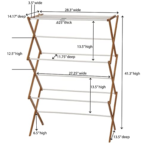 Household Essentials Bamboo Folding Clothes Drying Rack - Free Standing, White, 11 Dowels & Flat Shelf