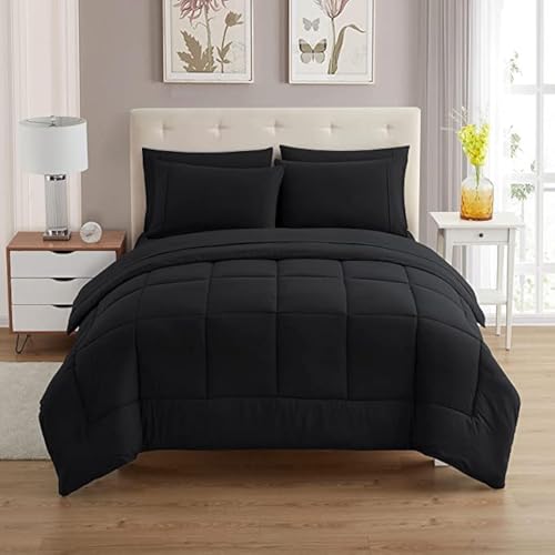 Queen Size Comforter Set with Microfiber Sheets & Pillowcases - Black - 7 Piece
