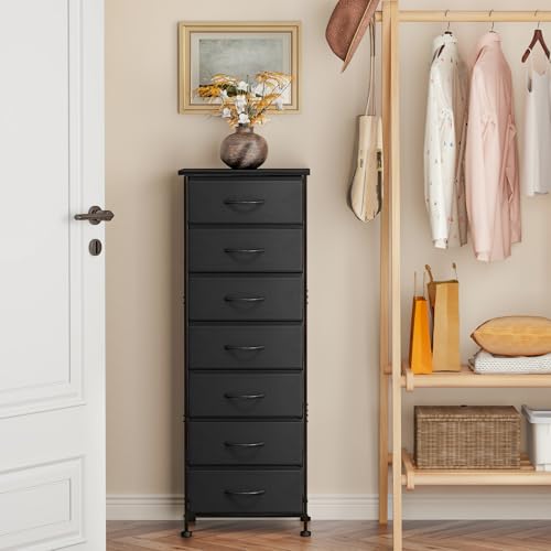 Fixwal Tall Skinny Fabric Dresser with 7 Drawers - Black, 11.8 x 15.7 x 47.2 Inches
