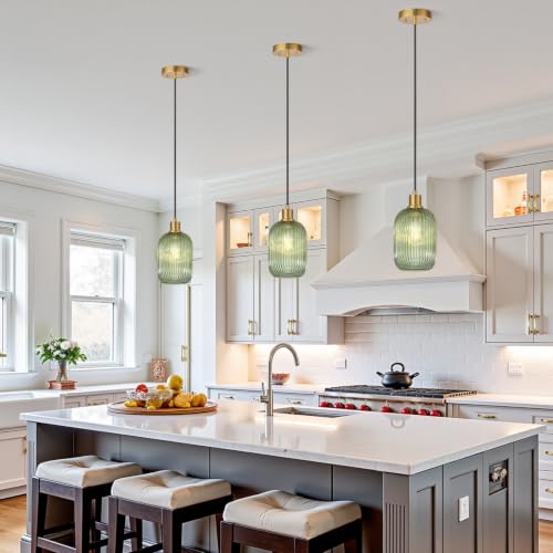 2 Pack Pendant Lights with Vintage Green Ribbed Glass Shades - Adjustable Brushed Gold Fixtures for Kitchen Island, Dining & Living Room (Bulbs Not Included)