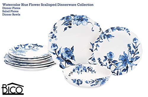 Bico 11-Inch Blue Watercolor Flower Ceramic Dinner Plates Set of 4, Microwave & Dishwasher Safe