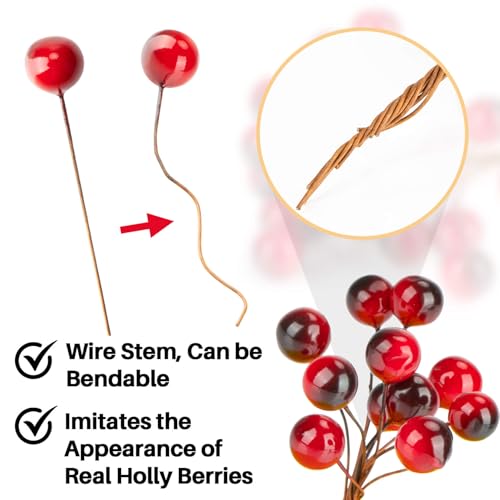 MAQIHAN Artificial Holly Berries - 150 Pcs Christmas Holly Berries Stems for Crafts Faux Holly Berries Artificial Red Holly Berry Stems for Christmas Wreath Christmas Tree Table Kitchen Wall Decor