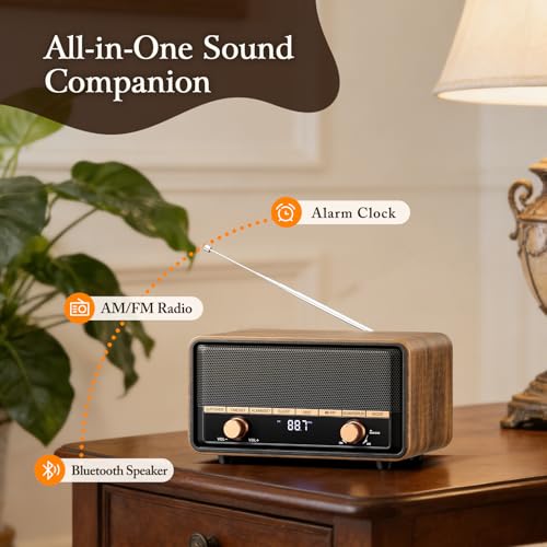 Vintage Wooden Bluetooth Clock Radio with AM/FM Reception - Deep Walnut