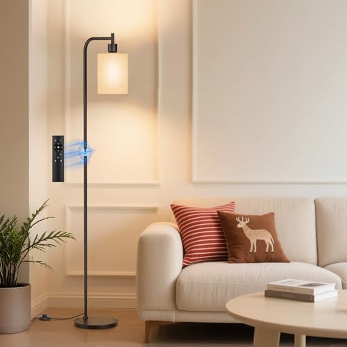 Beige Floor Lamp with Linen Shade, Dimmable Tall Standing Lamp with Remote & 3 Color Temperatures