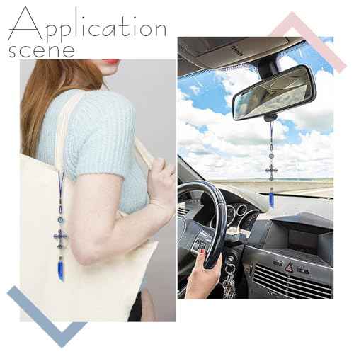 WEBEEDY Evil Eye Car Hanging Ornament Cross Pendant Turkish Blue Evil Eye Car Charms Protective Wall Decor for Cars Rear View Mirror Window Door Christmas Back to School Decor Gift,Length 10.6inch