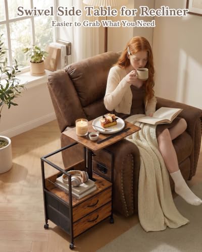 Faesun Nightstand with Charging Station & Swivel Top, 2 Drawers, Brown