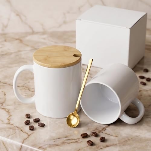 16-Pack Sublimation Coffee Mugs 11oz with Bamboo Lids & Spoons - White Ceramic