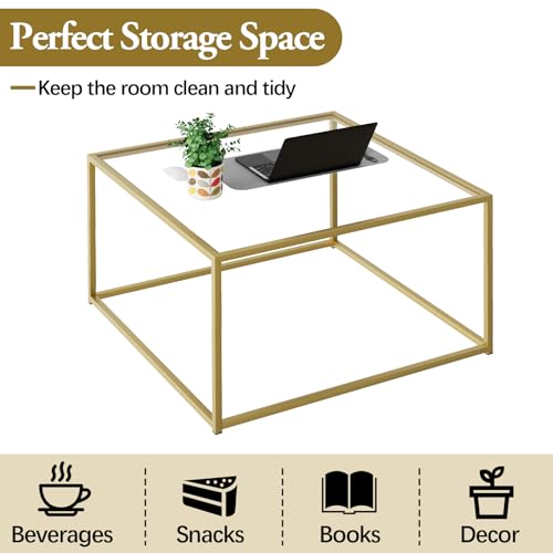 Gold 1-Tier Square Glass Coffee Table - Small Modern Living Room Center Table