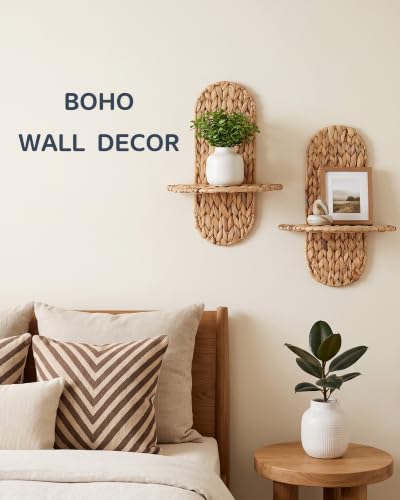 Set of 2 Wicker Wall Plant Holders - Rattan Boho Wall Shelves for Indoor Decor