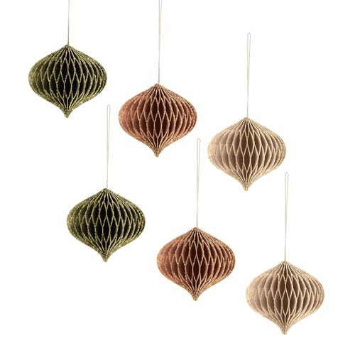 Olive Green & Reddish Brown Mini Paper Honeycomb Ornaments, 6-Pack Christmas Decorations