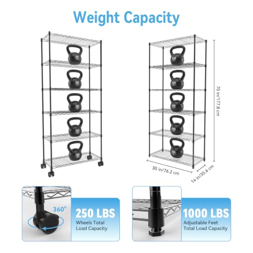 Black 6-Tier Heavy Duty Storage Shelves with Wheels - 30x14x70 Inches