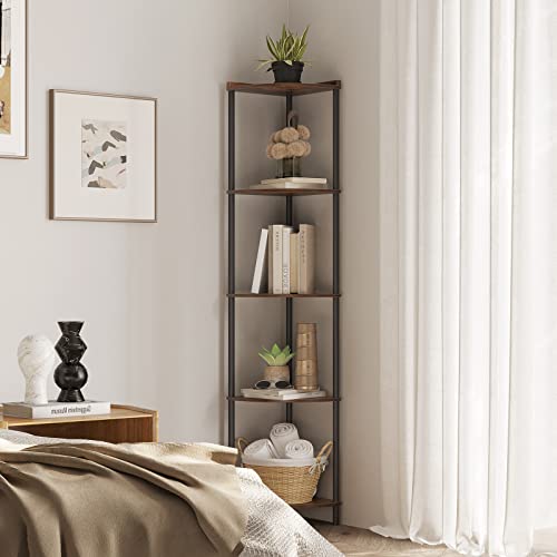 SUNMORY Rustic Brown 5-Tier Corner Shelf - Tall Corner Bookcase for Living Room