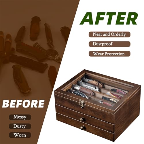 3 Tier Walnut Knife Display Case with Glass Lid and Drawers - Wooden Collection Holder