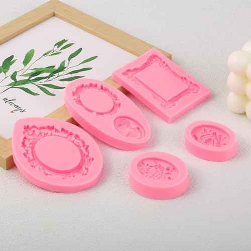 Baroque Frame Fondant Molds 5 Pack, Mini Photo Frame Relief Portrait Flowers Silicone Molds for Cake Decorating, Mousse, Chocolate, Cupcake Toppings, Candy, Sugar Craft, Clay, Epoxy Resin