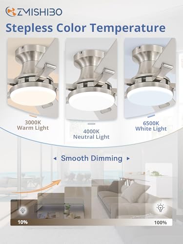 ZMISHIBO 52 Inch Nickel Ceiling Fan with Lights, Remote & App Control, Flush Mount