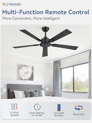 52 Inch Ceiling Fan Black No Light - High 3713 CFM, Reversible Quiet Motor, Remote Control, Adjustable Downrod