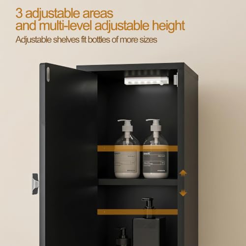 UYIHOME Narrow Bathroom Storage Cabinet with USB Light, Tall Black Slim Organizer