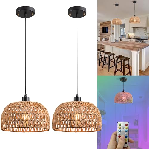 Brown Battery Operated Pendant Light with Remote - Rechargeable Rattan Chandelier No Wiring Needed for Kitchen & Ceiling