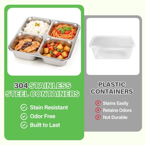 Monoan 24 oz Stainless Steel Snack Containers 4-Pack - 4-Compartment Bento Lunch Boxes - Variation of 4