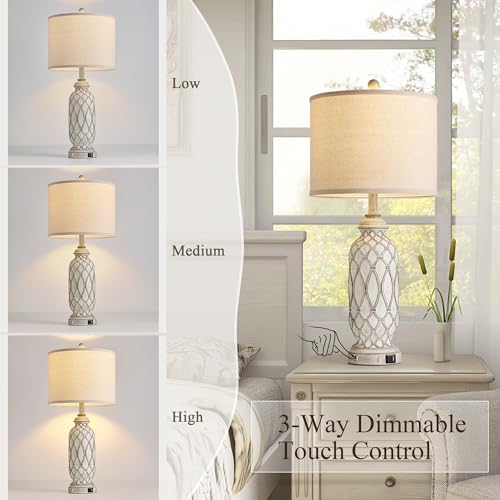 Ireliare 28-Inch Beige Farmhouse Table Lamps Set of 2 with USB Charging & Touch Dimmable Nightstand Lamps